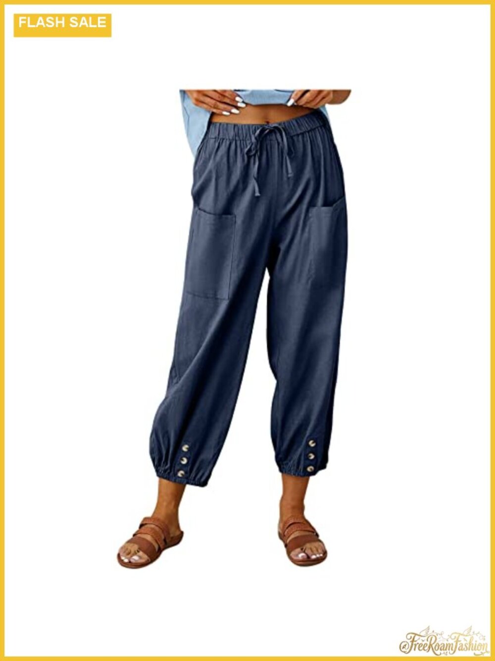 Women's High Waist Cotton Capri Pants Drawstring Ankle Cinch Button Casual